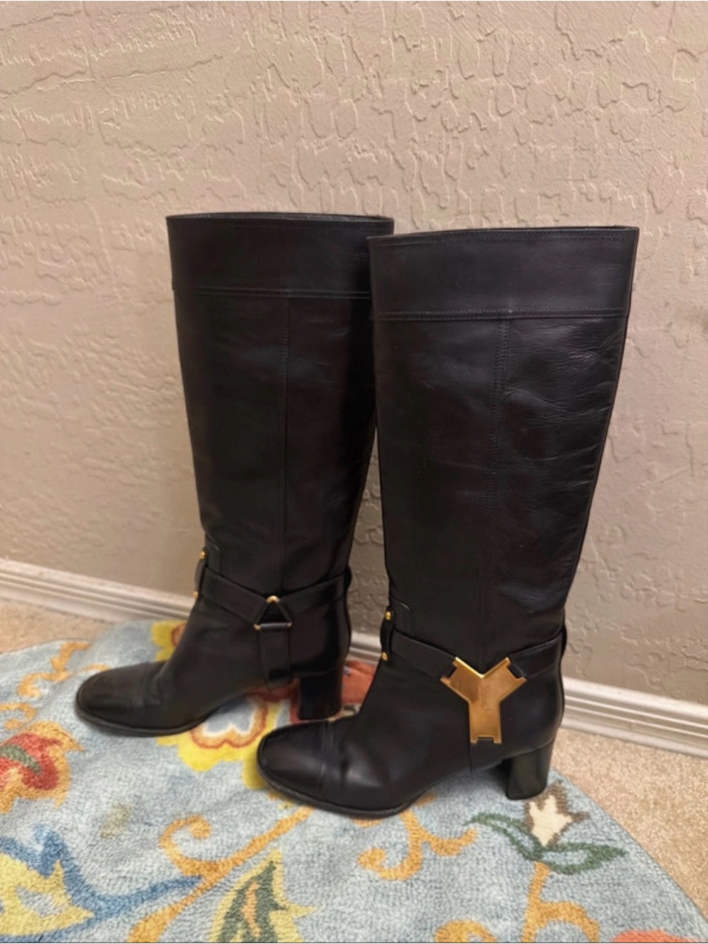 Yves Saint Laurent Black Over-the-Knee Leather Boots with Gold Studs